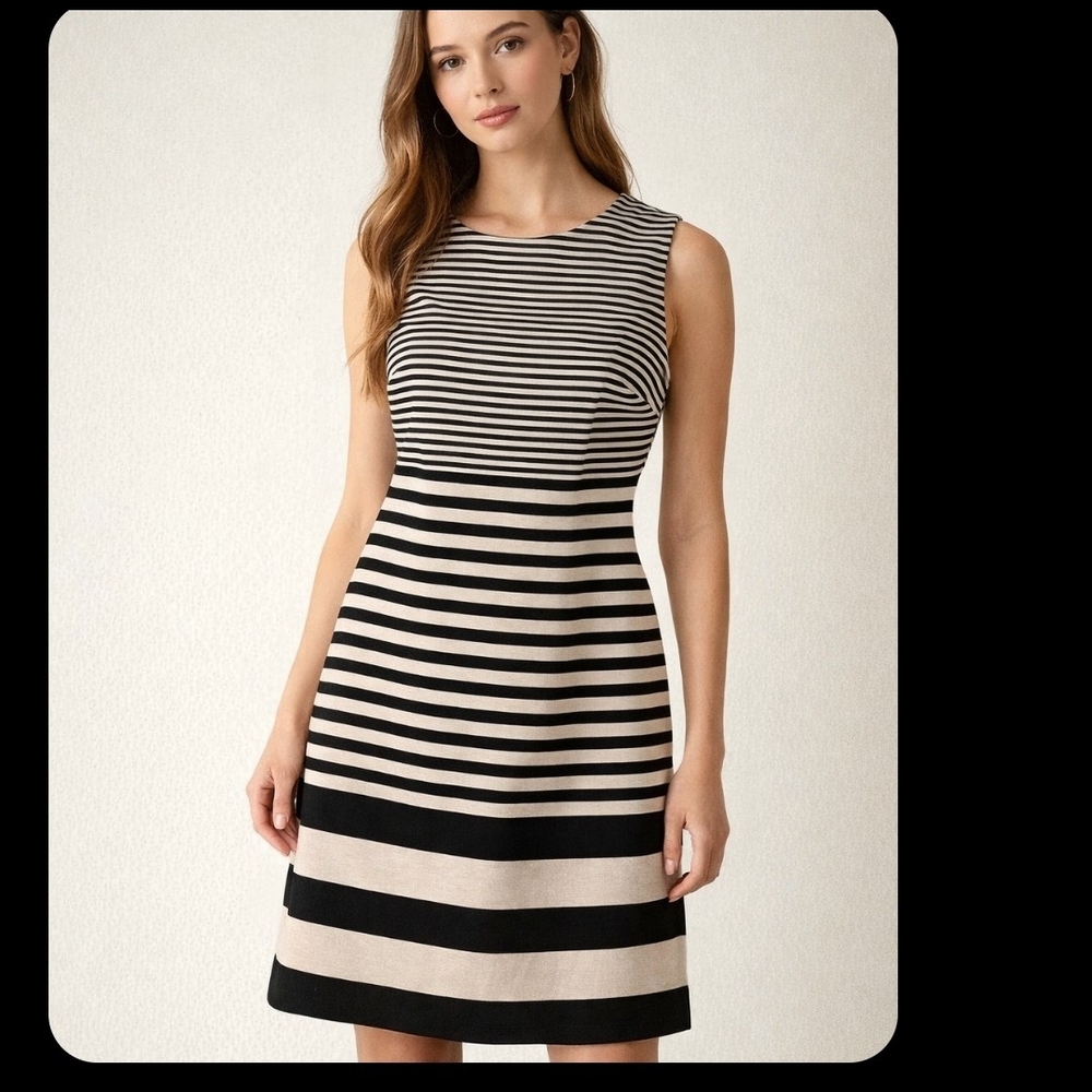 Calvin Klein Striped Black and Biege Midi Dress Size 14
